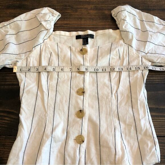 Boho Linen Square Neck Puff Sleeve Pin Striped Cropped Top Women’s Small Cream - Picture 7 of 10